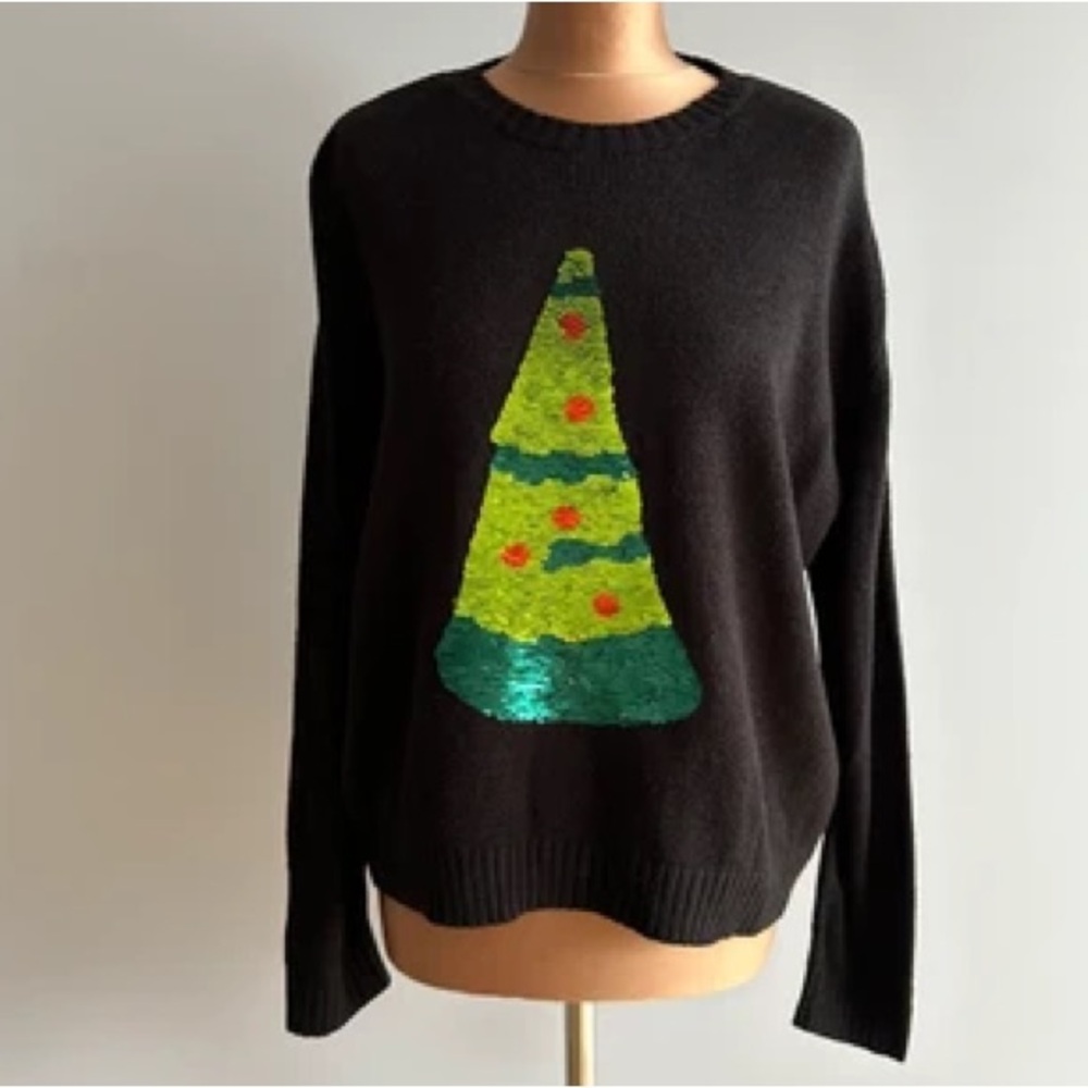 H&M Reversible Black Sweater with Sequin Christmas Tree Design